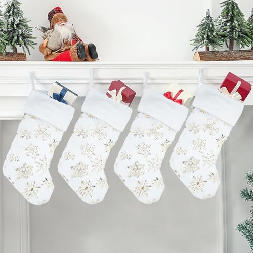 FOGAWA Christmas Stocking Set of 4, 19 Inch Large Xmas Stockings for Kids Adults Plush Faux Fur Snowflake Gift Hanging Stockings White Christmas Decorations for Xmas Tree Family Holiday Party Decor