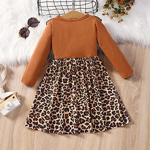 Retsugo Girl Long Sleeve Winter Dresses Casual Splicing Ruffles Bowknot Dress For Baby Girls Kids Cute Leopard Print Outfit Dresses 1-6Years Leopard Print-1204-5T #TOP2