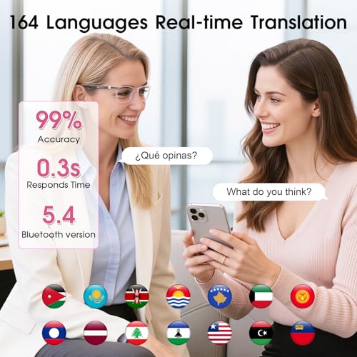 Image of AI Smart Glasses for Women with Stylish Rose-Gold Thin Temples | Real-Time Translation - 164 Languages, Color-Changing Lenses, Lightweight, Free App, Bluetooth Glasses for Travel Working