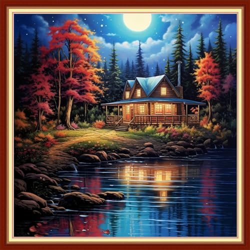 Image of Dimensean Stamped Cross Stitch Kits Full Range of Embroidery Patterns Starter Kits for Beginners Adult DIY Cross Stitches Needlepoint Kits 11CT-Night View by the Lake 18x18 inch