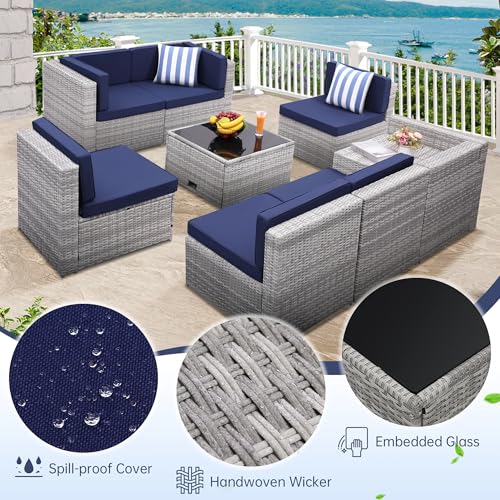 Image of KROFEM 8 Piece Patio Furniture Set, Outdoor Modular Conversation Set | UV Treated Wickers, Machine Washable Cushions, Seats 6, 2 Hidden Storage Compartments, Rustproof Frame, Waterproof, Blue