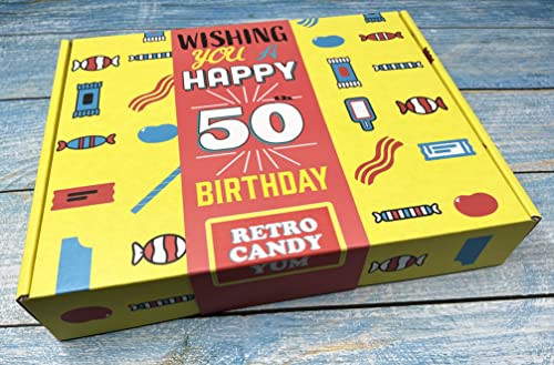 RETRO CANDY YUM 50th Birthday Gift Basket Box - Milestone Birthday Gift Ideas for Women and Men Turning 50 - Childhood Candy 50th Birthday Gifts for Dad Mom