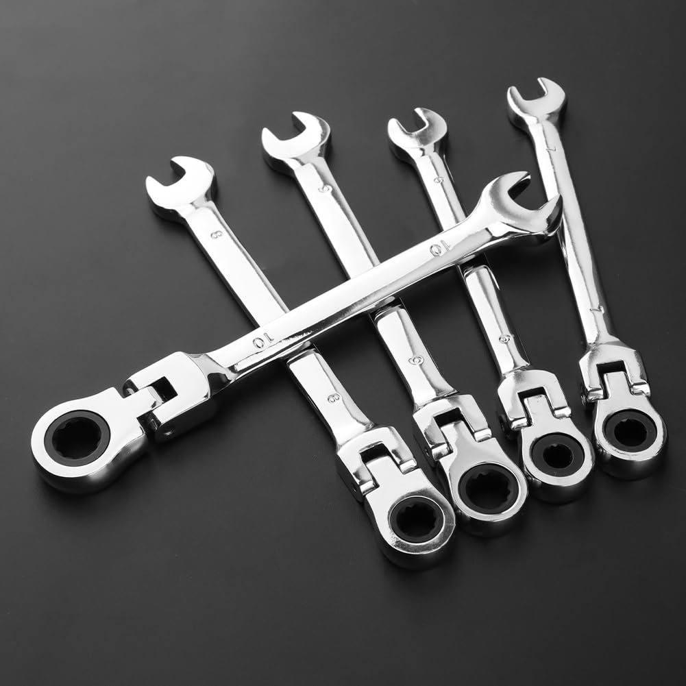 Set di 5 chiavi a cricchetto con testa flessibile, metriche da 6-10 mm, kit di chiavi combinate a cricchetto con testa a 180°, 72 denti, estremità scatola e chiave a estremità aperta per
