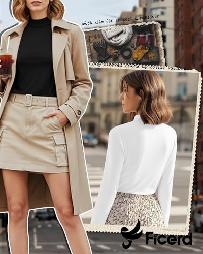 Ficerd 3 Pack Women's Mock Turtleneck Shirts, Long Sleeve Mock Neck Pullover Tops Slim Fitted Stretch Undershirt Tee Blouse4