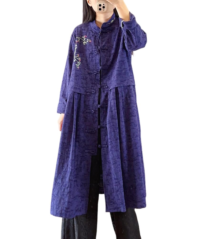 PRINCESS BRIDE Cotone Lino Elegante Ricamo Donna Rana Pulsante Leggero Cardigan Lungo Trench Cappotto Outwears Camicia Sciolta Giacca Taglia Unica, Blu Navy