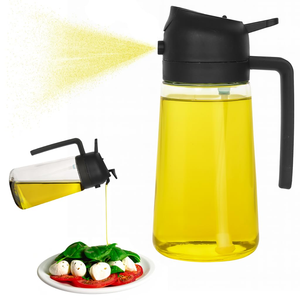 Argon Tableware Black 470Ml 2-In-1 Glass Olive Oil Spray Bottle - 1X Kitchen Cooking Pump Dispenser Sprayer Pourer Spritzer For Oil, Vinegar, Water, Salad Dressing | Air Fryer Gadgets Accessories