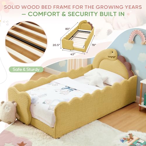 Image of Twin Size Kids Floor Bed Frame, Upholstered Montessori Platform Bed Cute Dinosaur-Shaped Daybed Frame for Girls Boys, No Box Spring Required, Yellow