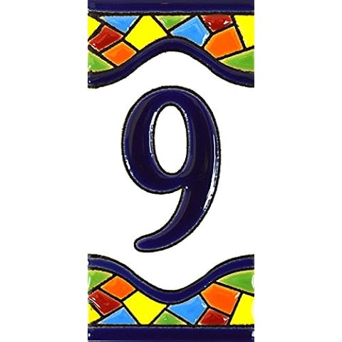 House numbers 4 inch. Handpainted house number tiles for signs, addresses and names. Address numbers for houses. House address numbers and letters. Design MOSAICO MEDIANO 4,29" x 2,13" (NUMBER 9) Cover