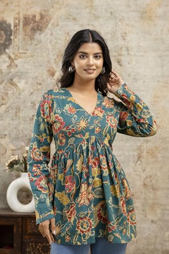 Image of LABEL ADRIJA Cotton V Neck Anarkali Short Kurti for Women Full Sleeve Floral Print | Short Kurtis for Women on Jeans