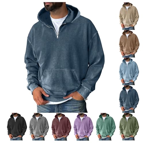 Men's Washed Vintage Quarter Zip Lightweight Hoodie Stand Collar Long Sleeve Pullover with Pockets4