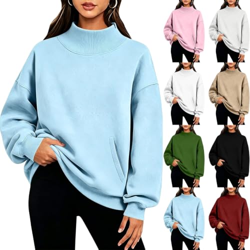 Cethrio Mockneck Sweatshirt Mock Neck Sweatshirt Women Fall Long Sleeve Pullover Tops with Pockets Fall Tops for Women 2026 Sudaderas Deportivas Para Mujer Capsule Wardrobe Pieces Light Blue - image 1