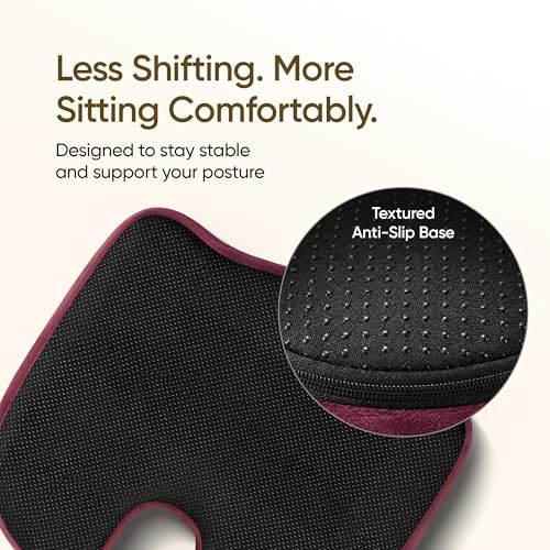 Image of Frido XL Coccyx Seat Cushion for Tailbone Pain Relief | Orthopaedic Memory Foam Chair Cushion for Office Chair, Car Seat & Work from Home | Anti Slip Base | Large Ergonomic Sitting Pillow - Red Wine