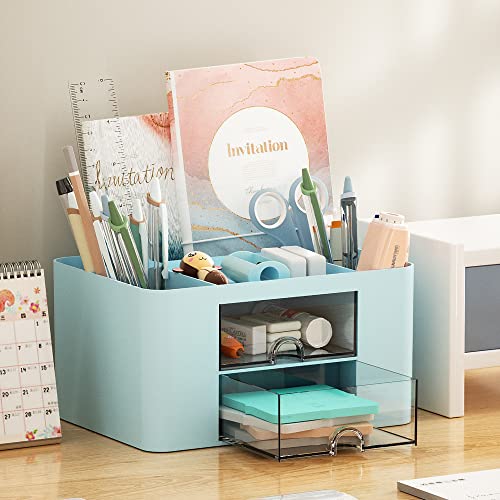Image of Marbrasse Multi-Functional Desk Organizer with 5 Compartments + Drawer for Office Art Supplies (Blue)