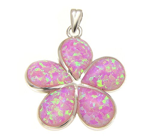 Arthur's Jewelry 925 Sterling silver pink synthetic opal Hawaiian plumeria flower pendant 25mm