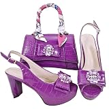 Peep Toe Block Heel Sandals and Bag to Match Wedding Party Evening Purse for Ladies Purple