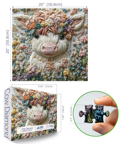 Image of Crystal Highland Cow 500 Piece Puzzles for Adults Cute Cow Flower Animal Jigsaw Puzzles 500 Pieces Highland Cow Diamond Art Difficult Unique Family Challenging Puzzle (20 inchx20 inch)