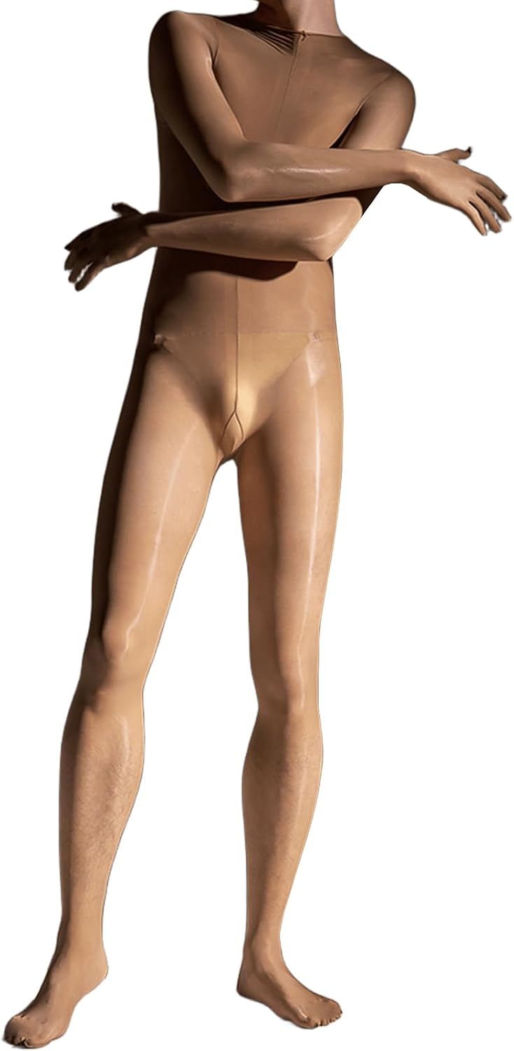 BEFASY Men's Full Body Stocking Oil Shiny Bodystocking with Gloves Shiny Bodysuit Catsuit for Women