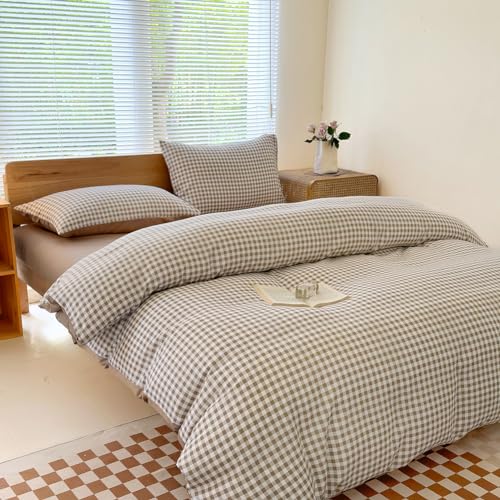 Nsnlgsgc Queen Gingham Grid Duvet Cover Set Tan- Washed Microfiber Plaid Comforter Cover Set Brown Soft & Lightweight Breathable Clean Bedding Set thumb #4