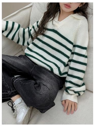 Floerns Girl's Cute Striped Sweater Loose Fit Long Sleeve Collar Pullover Tops3