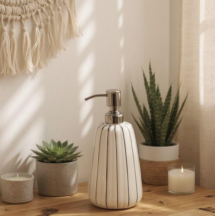 Image of Ceramic Soap Dispenser 330ml (Set of 1) | Multipurpose Liquid Soap, Lotion & Hand Wash Pump Bottle for Bathroom & Kitchen | White Stripe Design