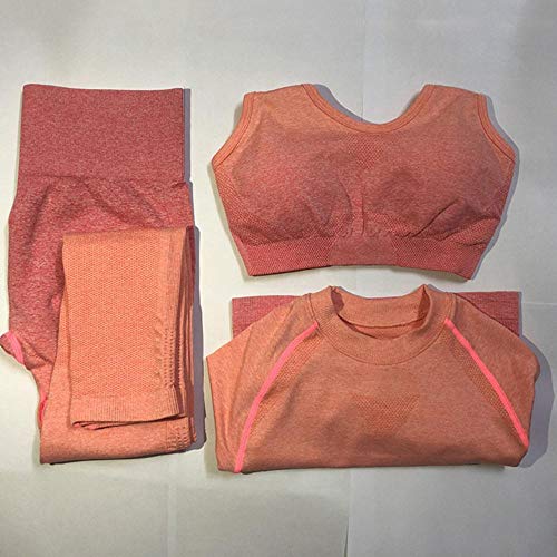 PKJP Set Women Sport Suit Gym Workout Clothes Long Sleeve Crop Top+Sexy Sports Bra+Hight Waist Fitness Suit,Orange 3Pcs Set,M