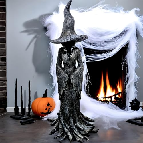 Gothic Halloween Witch Statue Cracker Barrel Style Resin Figurine with Tree Texture Enchanting Sorceress Queen Retro Fantasy Ornament for Indoor Entryway Shelf & Mantel Halloween Decor (12)