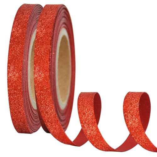 TONIFUL 2 Rolls 3/8 Inch Red Glitter Ribbon, Sparkling Shiny Ribbon for Gift Wrapping, Crafts, Eternal Flowers, Graduation Lei Decor, Halloween, Christmas, Valentine's Decoration (10yds/roll)