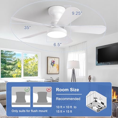 Image of Depuley Small Ceiling Fan with Lights: 35-Inch Flush Mount Fan with Light and Remote - White Low Profile Ceiling Fans Reversible Quiet DC Motor for Bedroom Living Room Indoor Outdoor