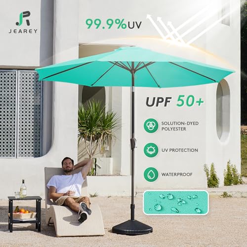 Image of JEAREY 9FT Outdoor Patio Umbrella Market Umbrella with Push Button Tilt and Crank, Outdoor Table Umbrellas 8 Sturdy Ribs UV Protection Waterproof for Garden, Deck, Backyard, Pool (Teal)