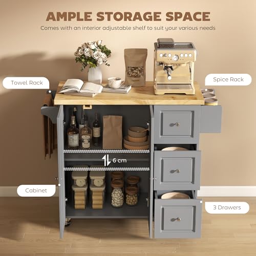 HOMCOM Mobile Kitchen Island on Wheels, Rolling Kitchen Storage Trolley with Drop Leaf, Rubber Wood Top, Drawers, Adjustable Shelf, Towel and Spice Rack for Dining Room, Grey - Image 4