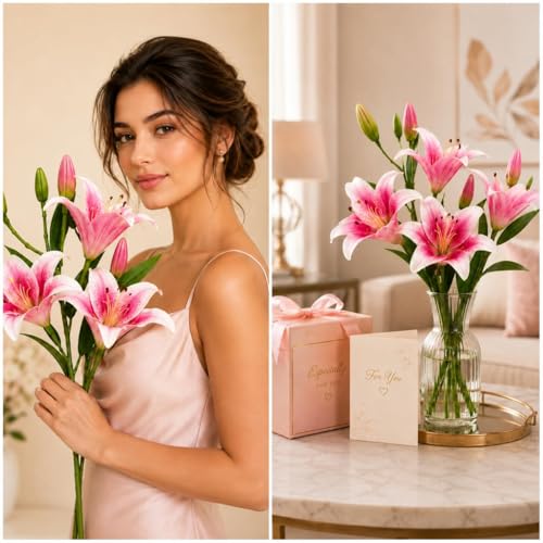 Image of CURATED CART 2 Pcs Lily Artificial Flowers Bunch for Home Decoration - Big Lilys Bouquet for Home Decor - Real Touch Faux Latex Long Stem - Includes 6 Lily Flowers and 10 Half Bloom Buds-Pink Colour