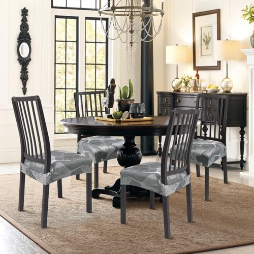 Image of SearchI Stretch Dining Chair Seat Covers Set of 6, Soft Removable Washable Seat Covers for Dining Chairs, Dining Room Seat Cover Protector (Rear-Covered, Grey Green Foliage)