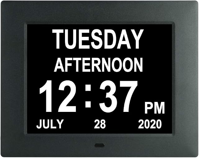 Jaihonda Digital Day Calendar Clock Extra Large Non-Abbreviated Day Date Time Dementia Clocks for Seniors Elderly Impaired Vision Memory Loss + 8 Alarm Reminders (7 Inch Black)