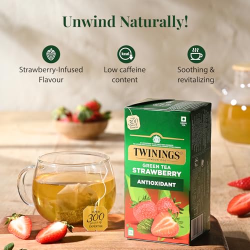 Image of Twinings Green Tea & Strawberry, 25 Tea Bags| Pack of 1| Perfectly Balanced & Refreshing Taste| Light, Fruity Flavour| Low Calorie| Handpicked Green Tea Leaves| Enjoy as Hot or Iced Tea