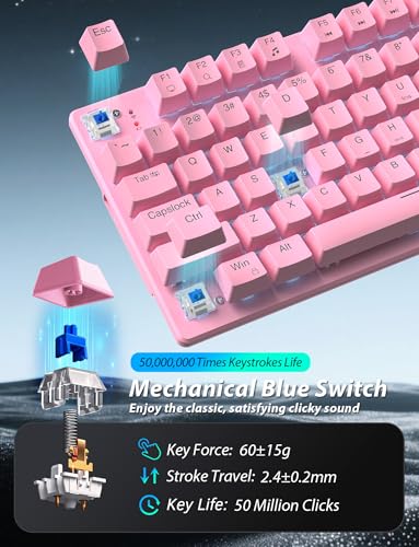 Image of Wireless Mechanical Gaming Keyboard and Mouse Combo, 98 Keys RGB Backlit Rechargeable 2000mAh Battery, 3-Mode BT5.0 /2.4G /USB-C (Pink)