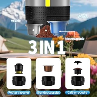 Zuipwpt Machine à café Portable 3 en 1, Rechargeable Cafetière Portable de Voyage, 12V Expresso Machine a Cafe pour Capsule, Café Moulu, pour Camping, Voyage, Bureau, Voiture, Maison (Argent)