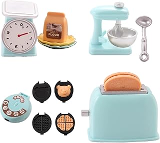 Miniature Dollhouse Kitchen Set 1:12 Decoration Waffle Maker Toaster Scale Stand Mixer Flour 10PCS Modern Doll House Furniture Accessories Kit Pretend Play (Blue)