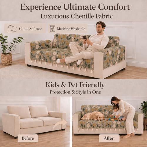 Image of STITCHNEST 'Eden Weaves Collection Series' 3 Seater Sofa Cover | Full Coverage with Armrest Pockets | Elegant Woven Fabric, Decorative Tassels, Washable & Durable for Modern Living