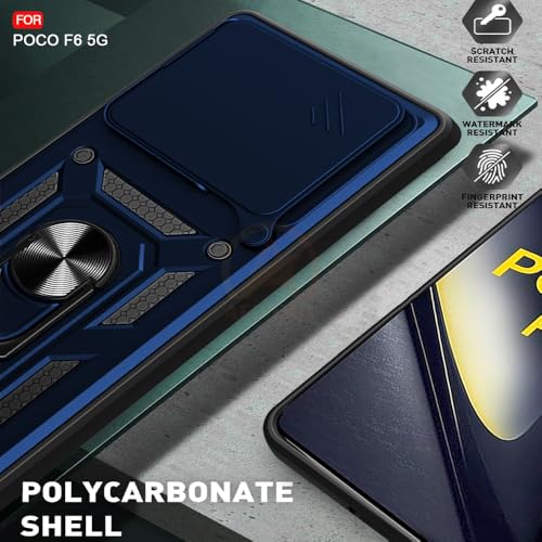 Image of Armor Bumper Back Cover Case for Poco F6 5G | Rotating Camera Cover, Ring Holder & Kickstand | Heavy Duty & 360 Degree Protection Poco F6 5G Back Cover (Blue)