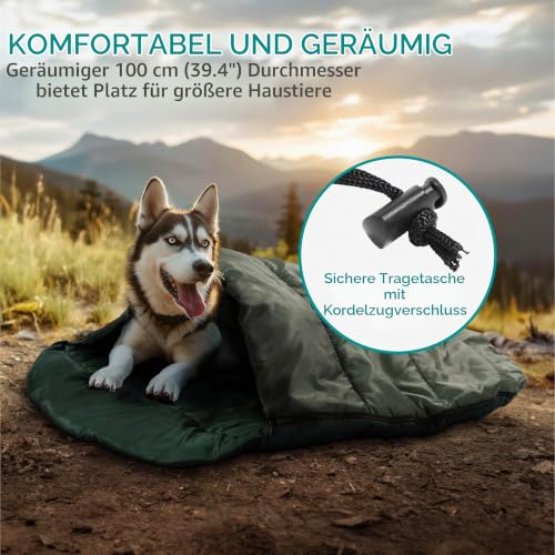 Navaris Hundeschlafsack - Hundematte Isomatte für den Außenbereich - Hundedecke flauschig für unterwegs - Outdoor Dog Bed - Grün