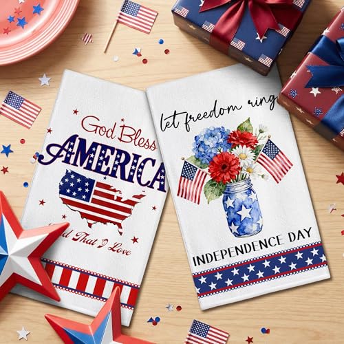 Image of Hexagram 4th of July Kitchen Towels, Patriotic Hand Towel for Bathroom, 4th of July Decor for Kitchen, Memorial Day, Independence Day Dish Towel, Patriotic Dceor for Bathroom