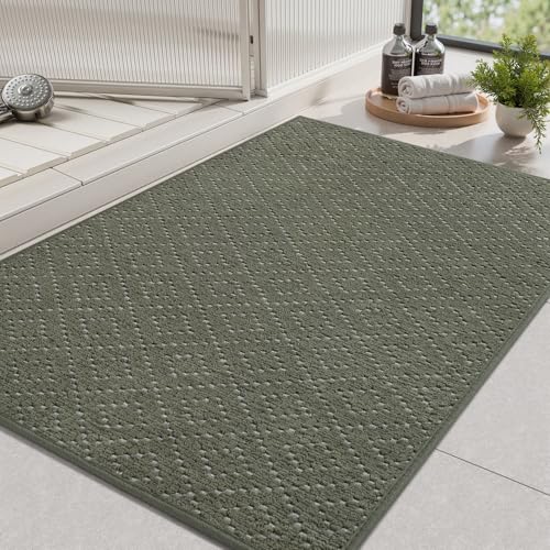 AMOAMI Thin Bath Mat, Super Absorbent Bath Mats for Bathroom, Quick Dry Rubber Backed Bath Rug Non Slip, Chenille Surface Thin Bathroom Rugs Fit Under Door,Low Pile Shower Rug,Green,17' x 28'