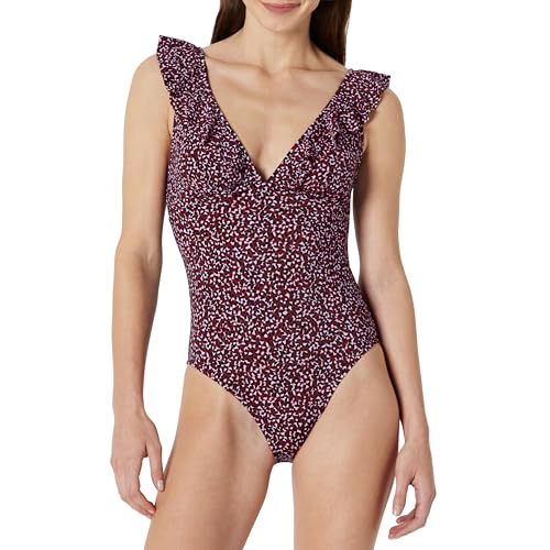 Amazon Essentials Women's Ruffle V-Neck One-Piece Swimsuit, Brick Red Lilac Leopard, Small - image 1