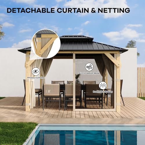 Garvee 10x12 ft Hardtop Gazebo with Nettings and Curtains, Wood Grain Heavy Duty Double Roof Galvanized Steel Outdoor Combined of Vertical Stripes Roof for Patio, Backyard, Deck, Lawns, Khaki - Image 5