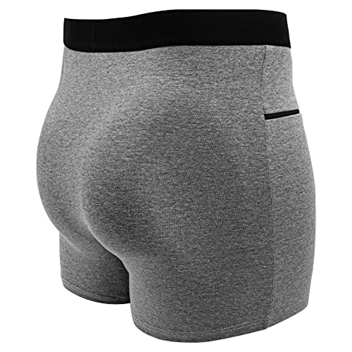 Men's Boxer Briefs Secret Hidden Pocket, Travel Underwear with Secret Front Stash Pocket Panties (Gray) - 2 Packs2