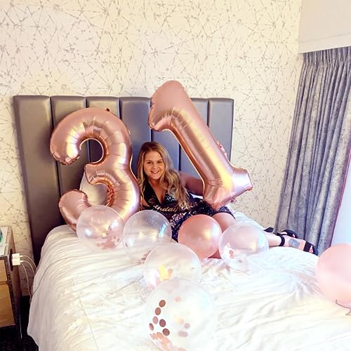 Image of Number Balloons 21 Rose Gold, 40 Inch Foil 1 & 2 Balloon Numbers with Confetti Balloons, Large Self Inflating Balloons for Girls Women 21st 12th Birthday Party Decor Anniversary Decorations Suppiles