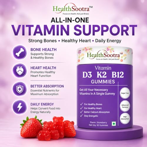 Image of Vitamin D3 K2 B12 Gummies | 60 Gummies | Strawberry Flavour | Sugar Free Vitamin | Daily Wellness with Vitamin D, Vitamin K2 & Vitamin B12 supplements for Bone Health