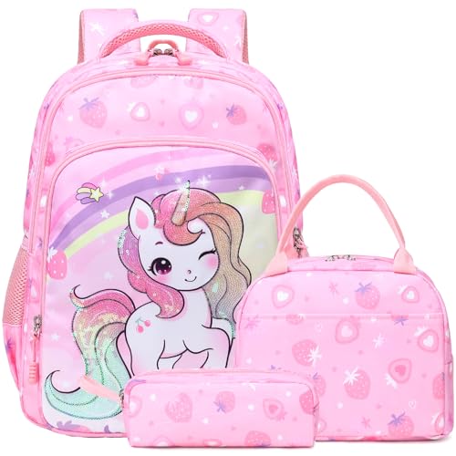 Kimwadalh Girls Backpack with Lunch Box Pencil Case for Elementary School, 3 in 1 Schoolbag with Chest Strap for School Girls