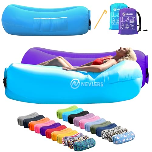 Nevlers Blue & Purple Inflatable Lounger 2 Pack | 210T Polyester Inflatable Chair | No-Pump Air Couch | Blow Up Couch Set w/ 450 lbs. Capacity, Pockets & Carry Bags for Use as Beach Accessories