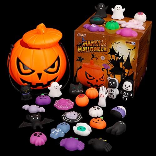 Auney 30 PCS Halloween Squishies with Pumpkin Bucket Packing,Mochi Squishy Toy for Kids Halloween Party Favors,Halloween Toys Cute Stress Reliever,16 ...